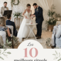 Un couple ému lors d'une cérémonie laïque entouré de leurs proches.