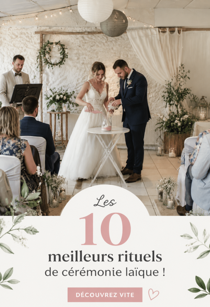 Un couple ému lors d'une cérémonie laïque entouré de leurs proches.
