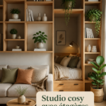 Un studio cosy avec des étagères ouvertes bien organisées