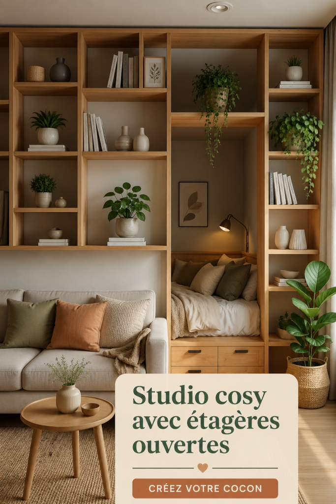 Un studio cosy avec des étagères ouvertes bien organisées