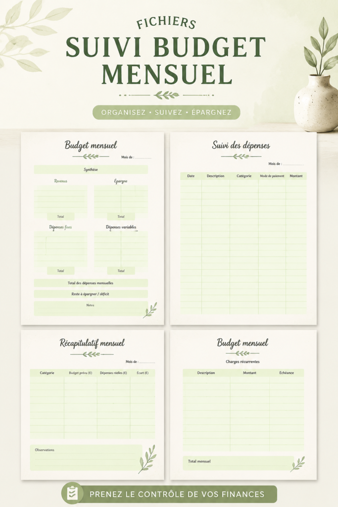 Fichier de suivi de budget mensuel avec des graphiques et des catégories financières visibles.
