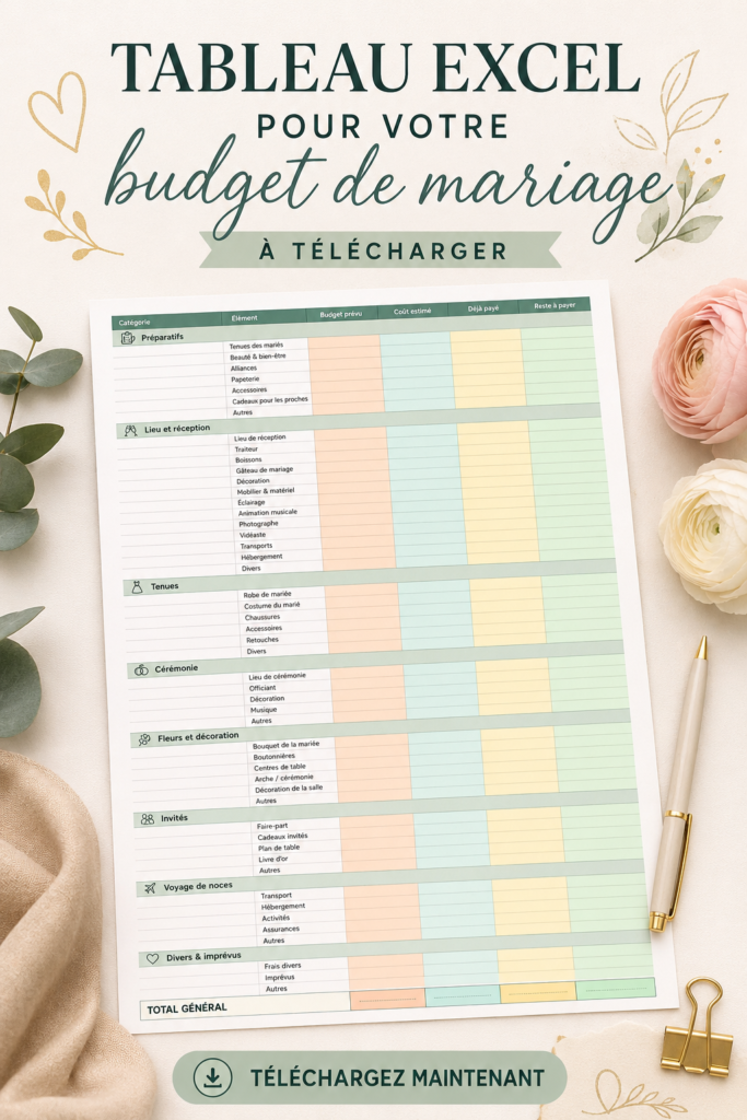 Tableau Excel pour gérer un budget de mariage, rempli de catégories et de compléments