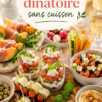 Une table élégamment mise en place pour un apéro dinatoire sans cuisson, avec des assortiments de légumes et des dips.