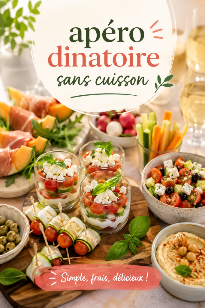 Une table élégamment mise en place pour un apéro dinatoire sans cuisson, avec des assortiments de légumes et des dips.