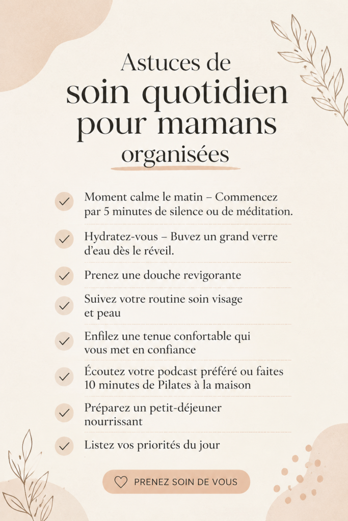 Maman souriante prenant un moment pour elle dans un environnement calme.