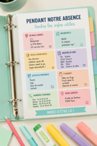 Une mère montre un binder familial bien organisé avec des sections distinctes pour chaque membre de la famille.