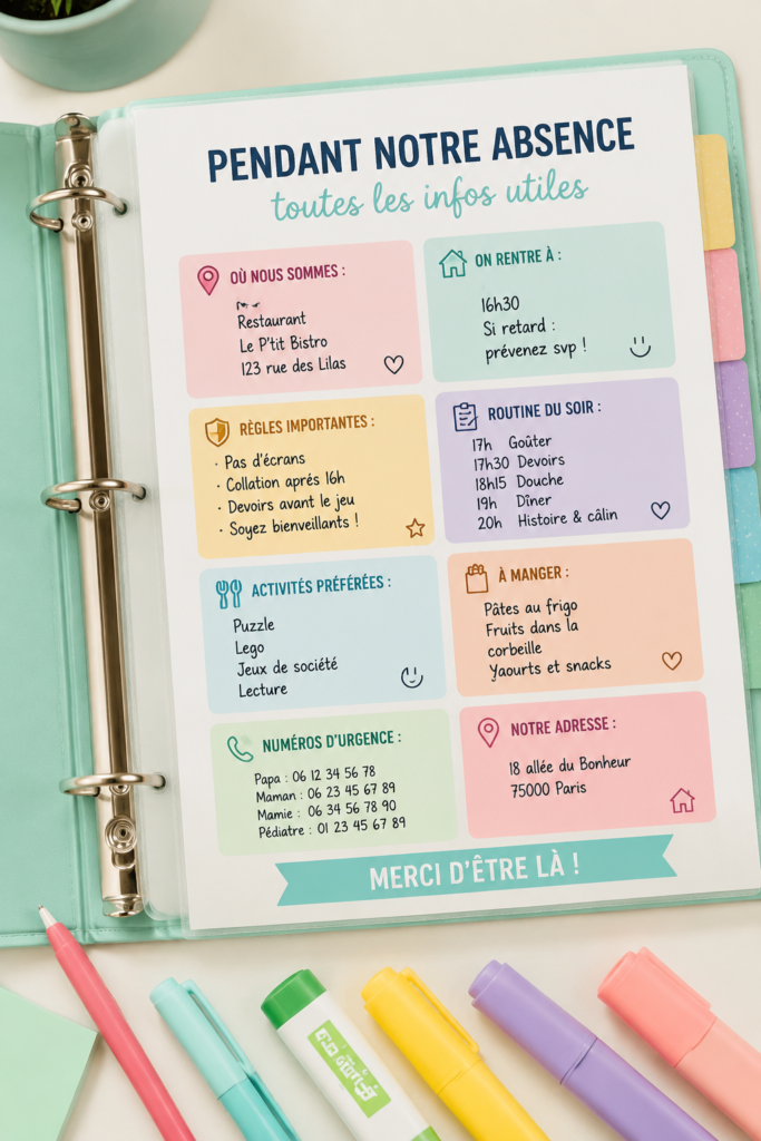 Une mère montre un binder familial bien organisé avec des sections distinctes pour chaque membre de la famille.