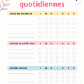 Illustration d'une check-list imprimable pour des routines personnelles organisées.