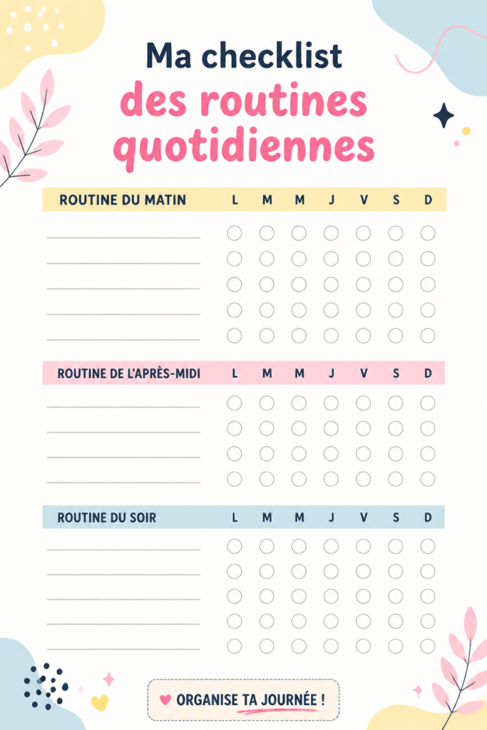 Illustration d'une check-list imprimable pour des routines personnelles organisées.