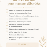 Une maman détendue préparant sa checklist du soir dans un cadre apaisant.