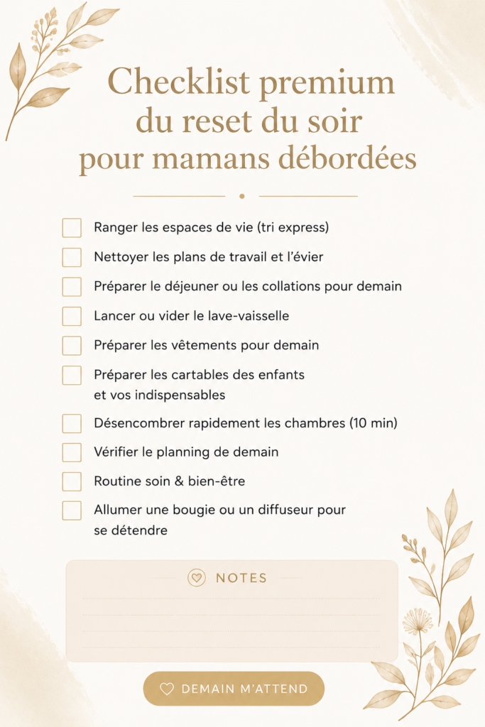 Une maman détendue préparant sa checklist du soir dans un cadre apaisant.