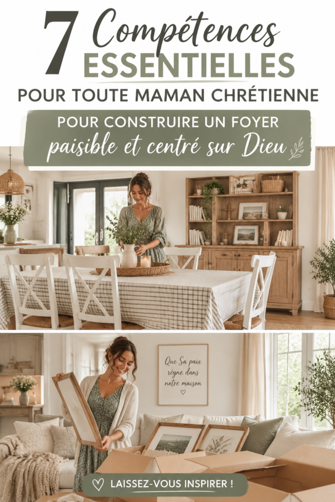 Une mère chrétienne souriante entourée de ses enfants dans un environnement familial serein.