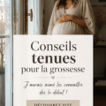 Tenue de grossesse confortable et stylée avec un joli top et un pantalon ample.