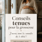 Tenue de grossesse confortable et stylée avec un joli top et un pantalon ample.