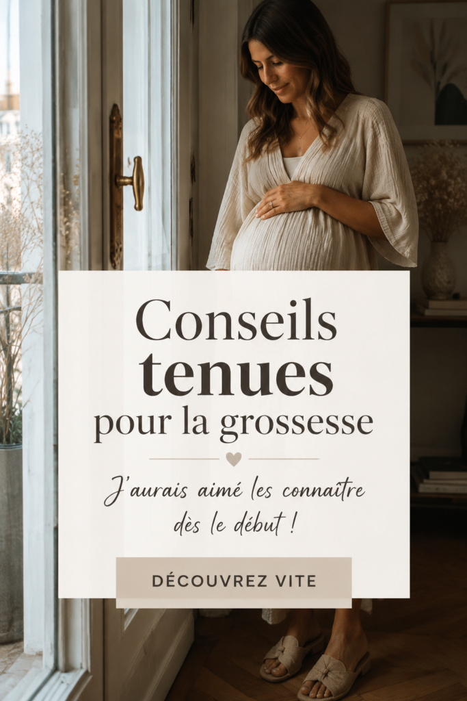 Tenue de grossesse confortable et stylée avec un joli top et un pantalon ample.