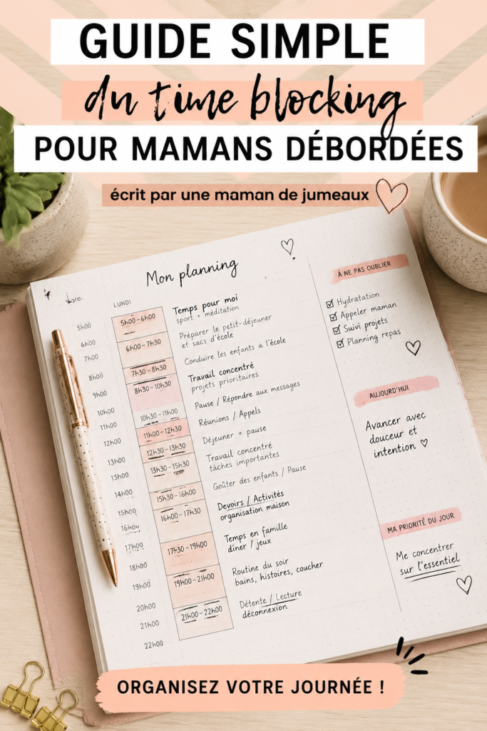 Image d'une maman organisant son emploi du temps avec un agenda, représentant le concept de time blocking
