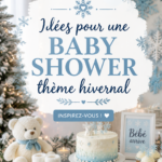 Décoration d'une baby shower hivernale avec des touches de blanc et bleu.