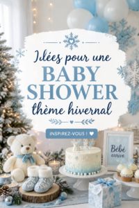 Décoration d'une baby shower hivernale avec des touches de blanc et bleu.