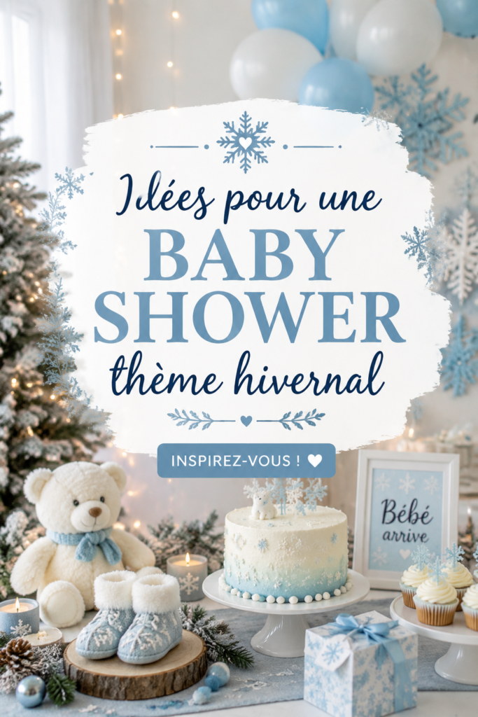 Décoration d'une baby shower hivernale avec des touches de blanc et bleu.