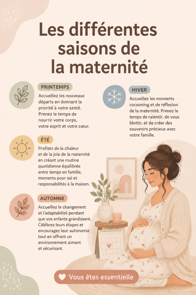 Un groupe de mères partageant des moments heureux ensemble, représentant les différentes saisons de la maternité.