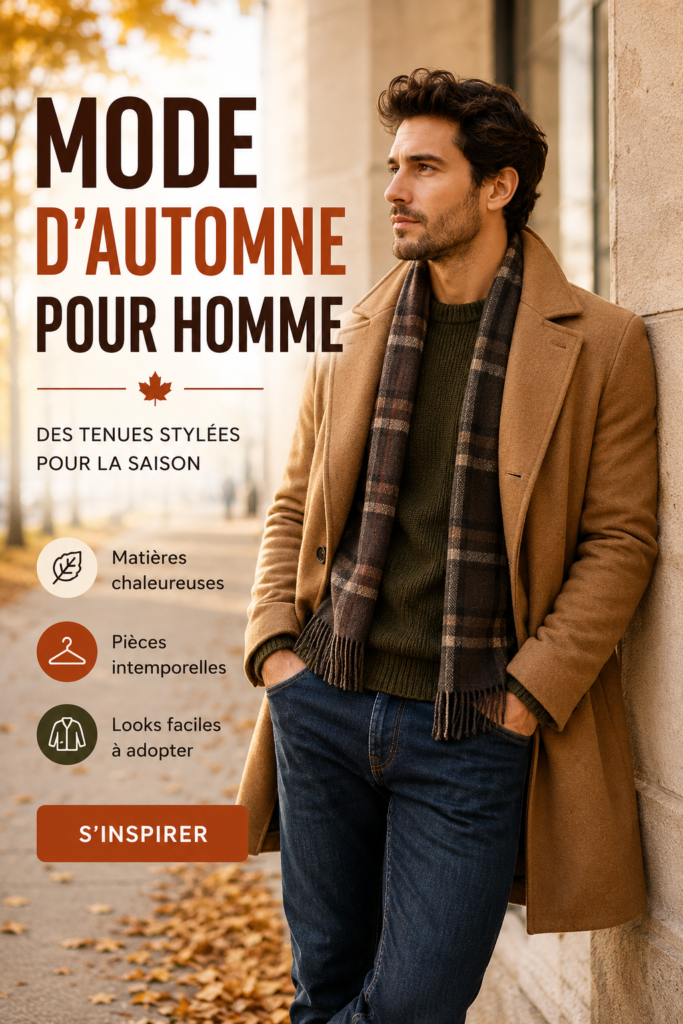Homme avec une tenue d'automne élégante, portant un manteau et une écharpe.