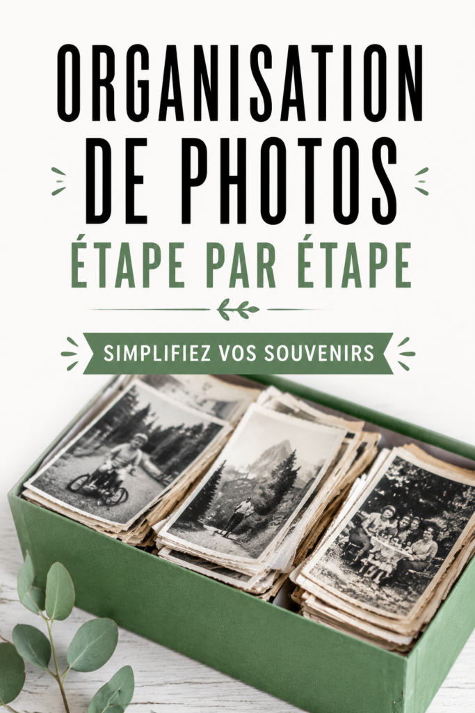 Une maman s'asseyant à une table avec des photos éparpillées, réfléchissant à un système d'organisation pour ses souvenirs.