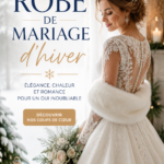 Femme portant une élégante robe de mariage d'hiver, entourée de décorations hivernales.