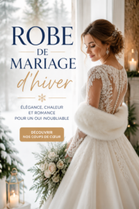Femme portant une élégante robe de mariage d'hiver, entourée de décorations hivernales.