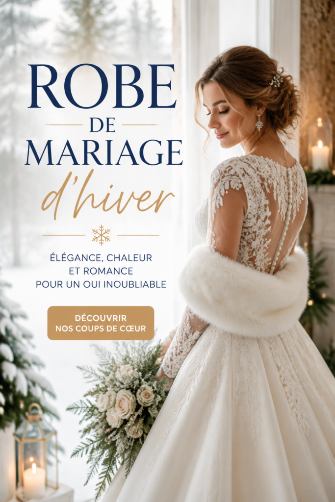 Femme portant une élégante robe de mariage d'hiver, entourée de décorations hivernales.