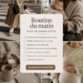 Une maman souriante préparant son café dans une cuisine lumineuse, inspirant une routine matinale paisible.