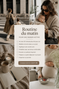 Une maman souriante préparant son café dans une cuisine lumineuse, inspirant une routine matinale paisible.