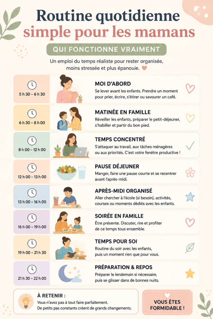 Une maman souriante qui gère ses activités quotidiennes avec succès, illustrant l'importance d'une routine organisée.