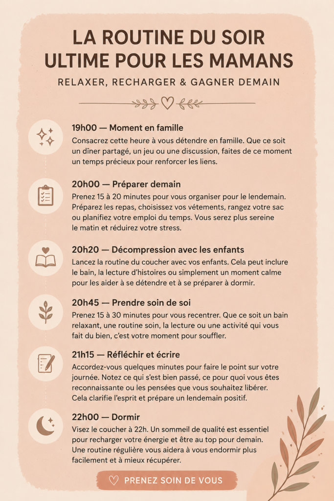 Une maman détendue pratiquant sa routine du soir