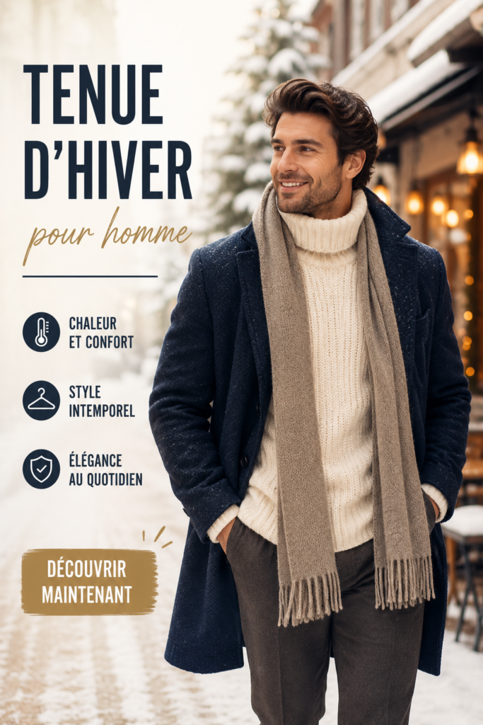 Homme habillé en tenue d'hiver élégante avec manteau et écharpe.