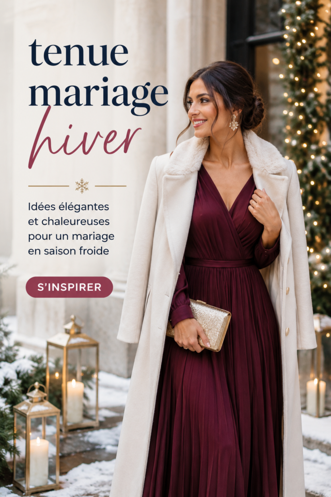 Femme avec une élégante robe d'hiver pour mariage, porte un châle et des accessoires assortis.