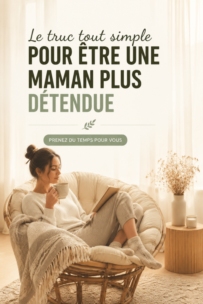 Maman détendue avec ses enfants dans un cadre apaisant.
