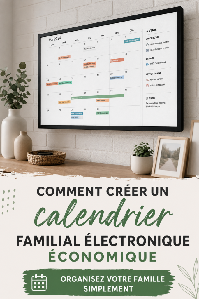 Une famille utilisant un calendrier électronique sur une tablette, en pleine organisation d'activités.