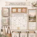 Mur d'organisation familial bien décoré avec des calendriers et des rangements pratiques.