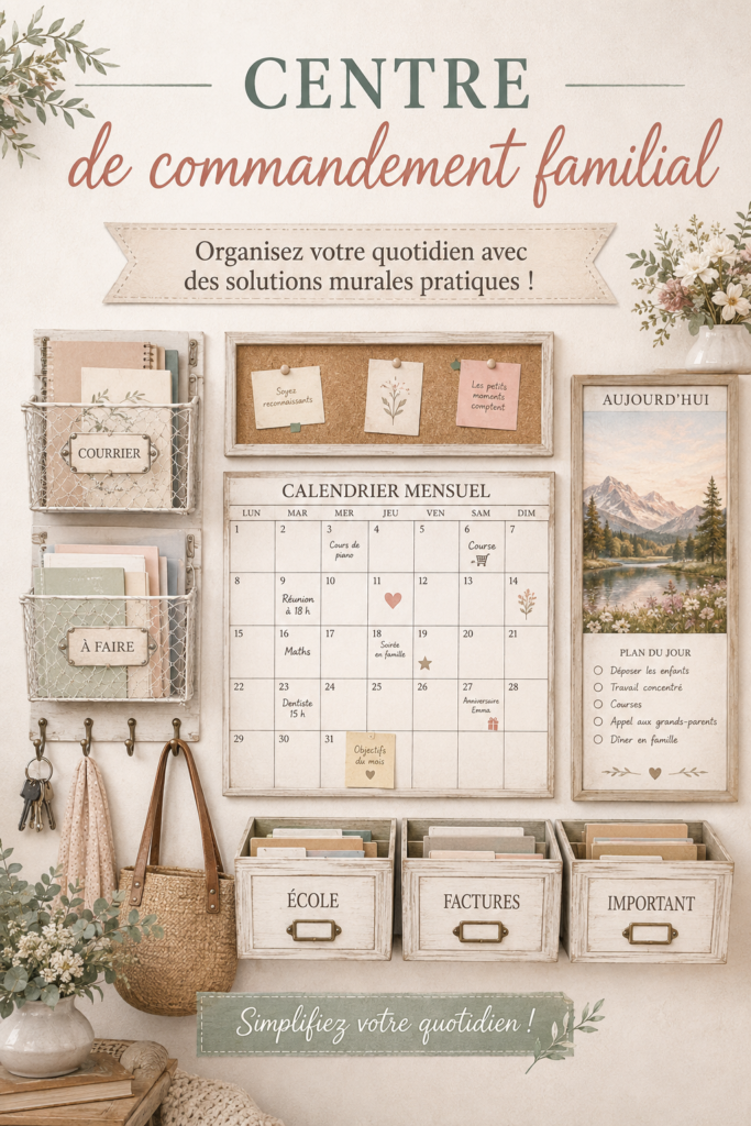 Mur d'organisation familial bien décoré avec des calendriers et des rangements pratiques.