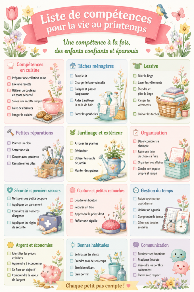 Checklist printanière pour compétences à enseigner aux enfants