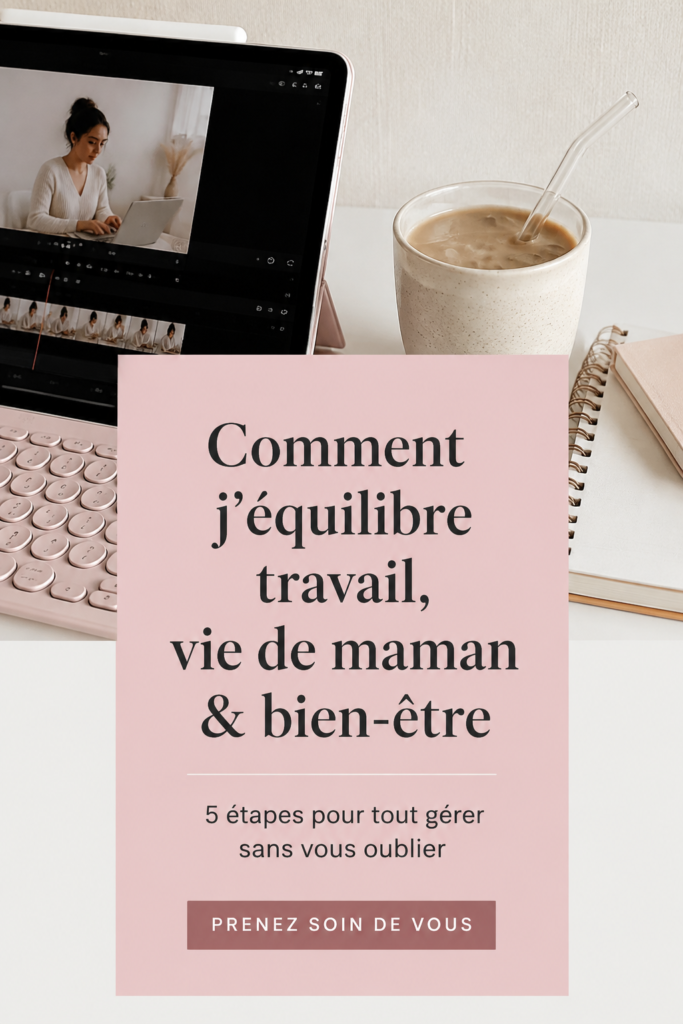 Maman qui prend soin d'elle avec un livre et une tisane, symbolisant l'équilibre entre vie professionnelle et bien-être.