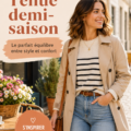 Femme portant une tenue demi-saison confortable et stylée, prête pour une sortie en famille.