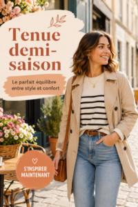 Femme portant une tenue demi-saison confortable et stylée, prête pour une sortie en famille.