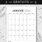 Un modèle de calendrier 2026 à imprimer avec des illustrations colorées.