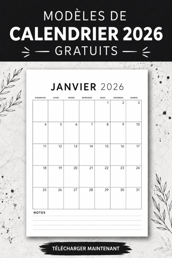 Un modèle de calendrier 2026 à imprimer avec des illustrations colorées.