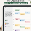 Logo de Google Calendar sur fond familial, représentant l'organisation familiale réussie.