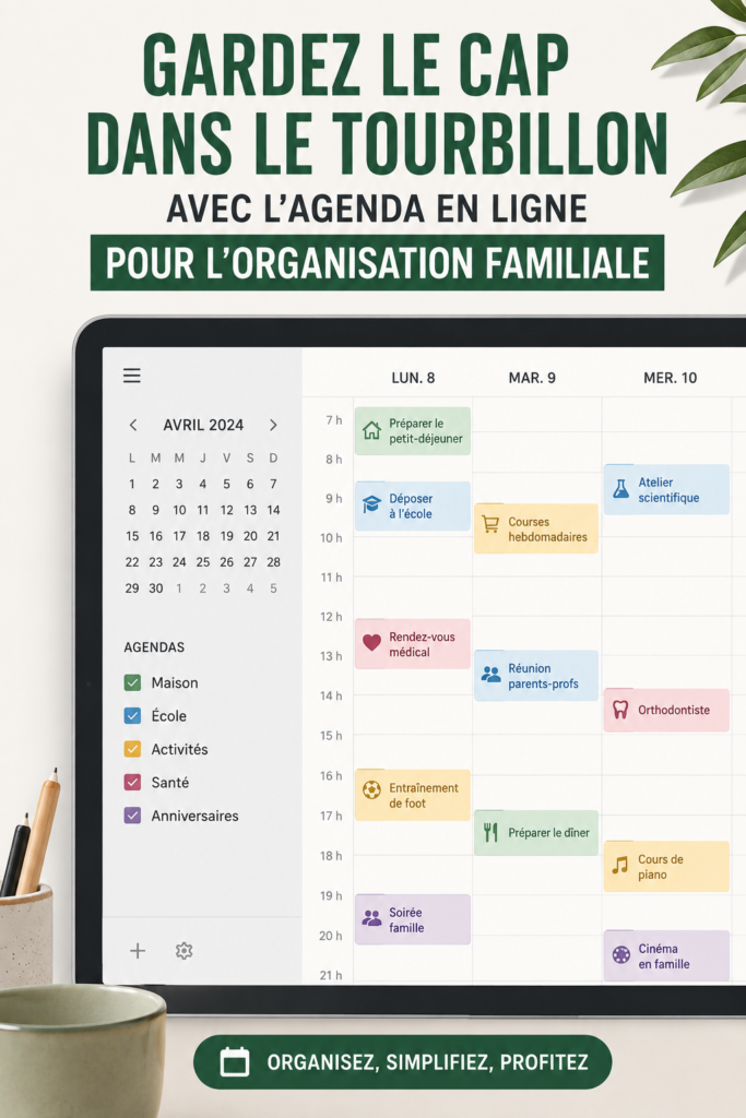 Logo de Google Calendar sur fond familial, représentant l'organisation familiale réussie.