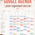 Illustration d'une famille utilisant Google Calendar sur un ordinateur et une tablette pour organiser leur emploi du temps.
