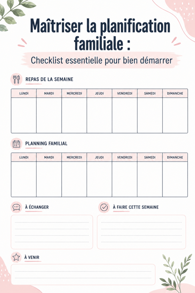 Checklist de planification familiale sur une table en bois avec des crayons et des dessins d'enfants.