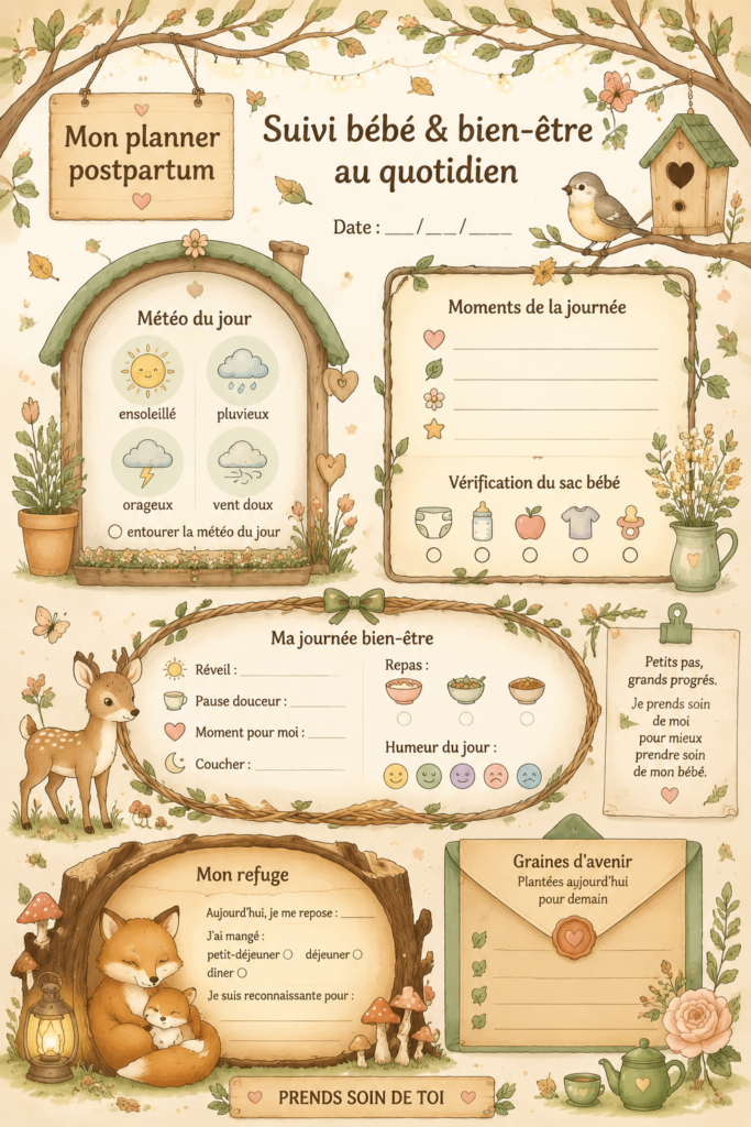 Un planner coloré sur une table avec des accessoires de maternité, représentant l'organisation des mamans après l'accouchement.